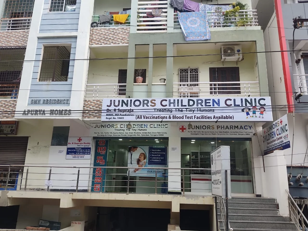 Front view of Juniors Children Clinic in Beeramguda, Hyderabad offering pediatric consultations and vaccinations.