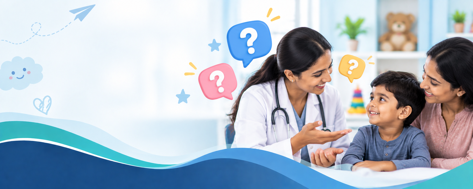 Pediatric doctor answering parents' questions during a child healthcare consultation