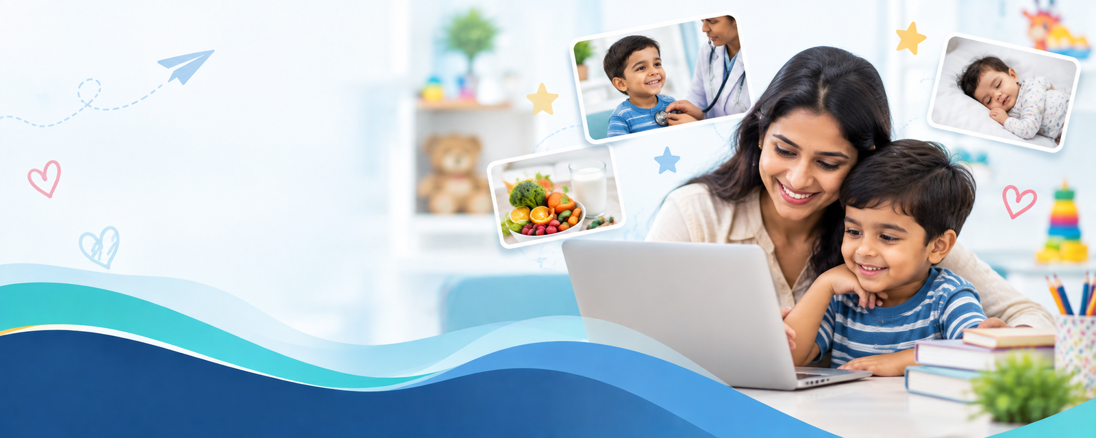 Mother reading child health articles online with her child while learning pediatric wellness tips