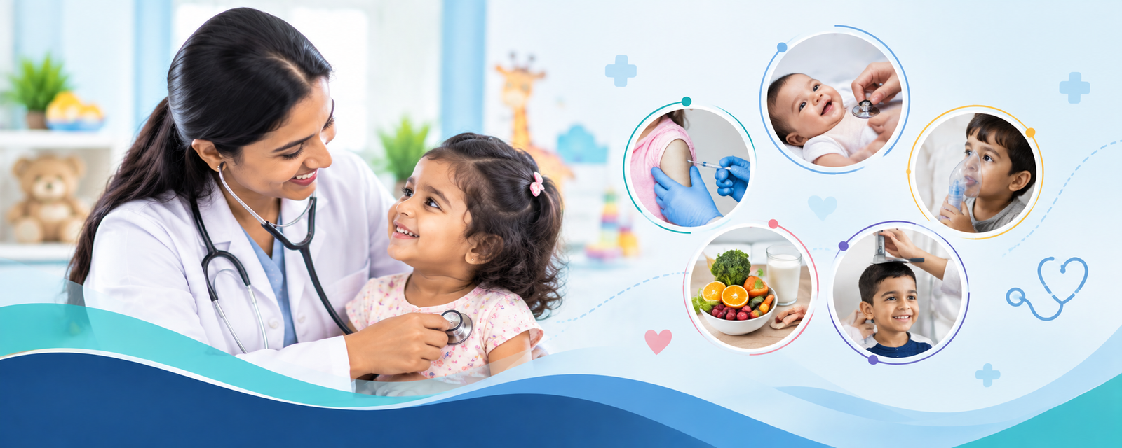 Pediatrician examining a happy baby with mother at Juniors Children's Clinic in Beeramguda, Hyderabad.