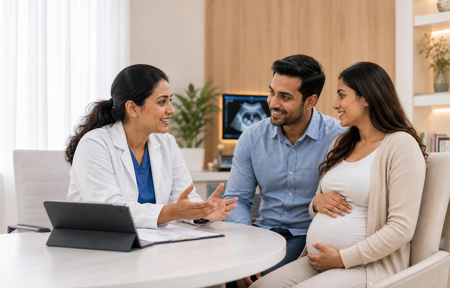 Pediatrician providing perinatal counseling to expecting parents at Juniors Children's Clinic in Beeramguda
