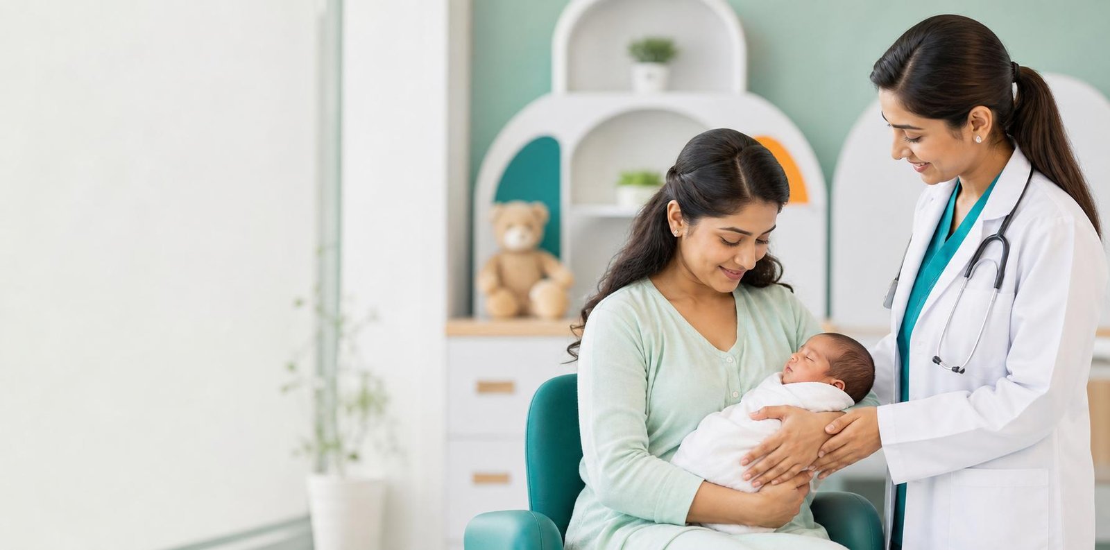 Pediatrician examining a healthy newborn baby at Juniors Children's Clinic in Beeramguda